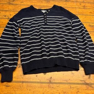 Marled Reunited Clothing Navy White Stripe Button Henley Sweater Women's L‎